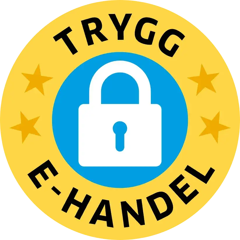 Gul cirkulär logotyp med en vit hänglåsikon på blå bakgrund, med texten 'trygg' och 'e-handel' i svart skrift.